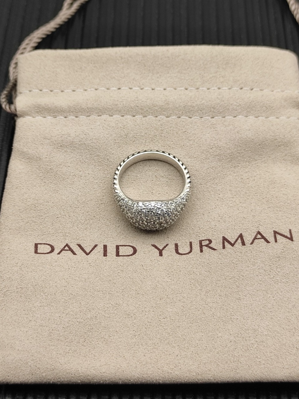 David Yurman Silver Pavé Dome Ring with Rope Edge
